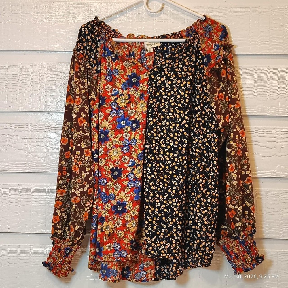 Umgee Women SZ XL Boho Cottage Floral Patchwork Top Peasant Fall Festival